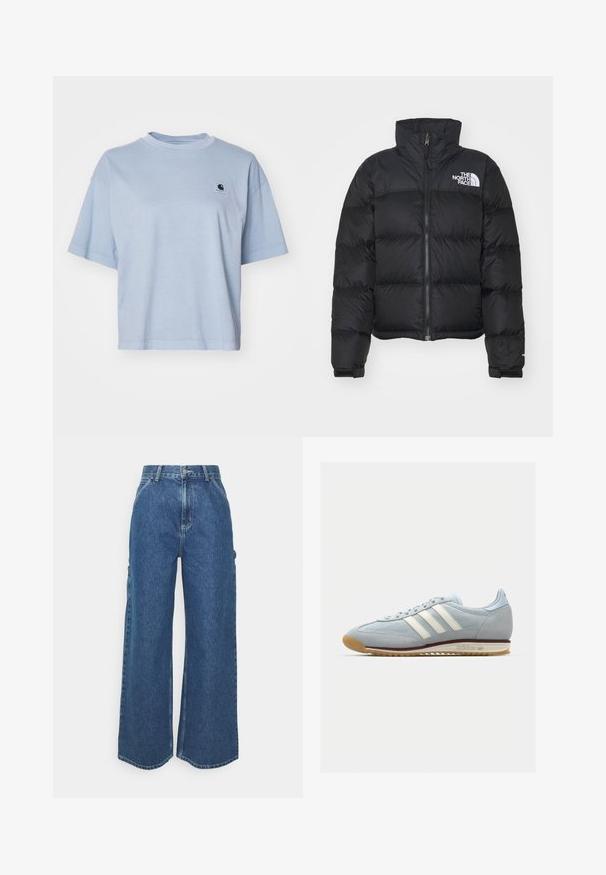 Črna puhovka z visokim ovratnikom, sprednjim zadrgo in rebrastimi manšetami. Ima horizontalne prešite sekcije in belo logo na prsih.; Carhartt WIP NELSON - Navadna majica - dusty ice; Široke modre denim hlače z visokim pasom, kontrastnim šivom in stranskimi žepi, ki vključujejo klasičen pet-džepni dizajn in robove brez obdelave.; Svetlo modri semiš copati s belimi tremi črtami, gumijastim podplatom in teksturirano mrežico. Imajo gladek pokrov prstov in blagovno znamko na peti.