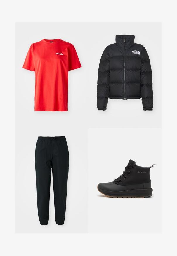 Crni puf jakna s visokim ovratnikom, prednjim zatvaračem i rebrastim manžetama. Ima horizontalne kviltane sekcije i bijeli logo na prsima.; Crvena pamučna majica kratkih rukava, okruglog izreza, s malim bijelim logotipom na prsima. Glatka tekstura s klasičnim krojem.; Crne tapered hlače izrađene od glatkog materijala, s elastičnim pojasom, vezicom i bočnim džepovima. Elastične manžetne na gležnjevima.; Crne gležnjače od sintetičkog materijala, s glatkim vrhom, teksturiranim stranama, crnim vezicama i gumenom potplatom s smeškim dezenom.