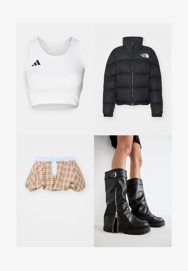 Melna pūķa jaka ar augstu apkakli, ar rāvējslēdzēju priekšā un ribotu aproču. Iezīmē horizontālas quiltētas daļas un baltu logotipu uz krūšu.; Balta sporta cropped krekla augšdaļa, izgatavota no gludas auduma, ar apaļu kakla izgriezumu un melnu logo akcentu kreisajā pusē.; Brūni, bēgi un sarkani raibie puffētie šorti ar gaiši zilu svītrotu jostu un pogu detaļām priekšpusē.; Melnas ādas zābaki līdz ceļiem ar plašu šuvi, ar sānu rāvējslēdzēju un sprādzi, teksturētu apdari un masīvu gumijas zoli.