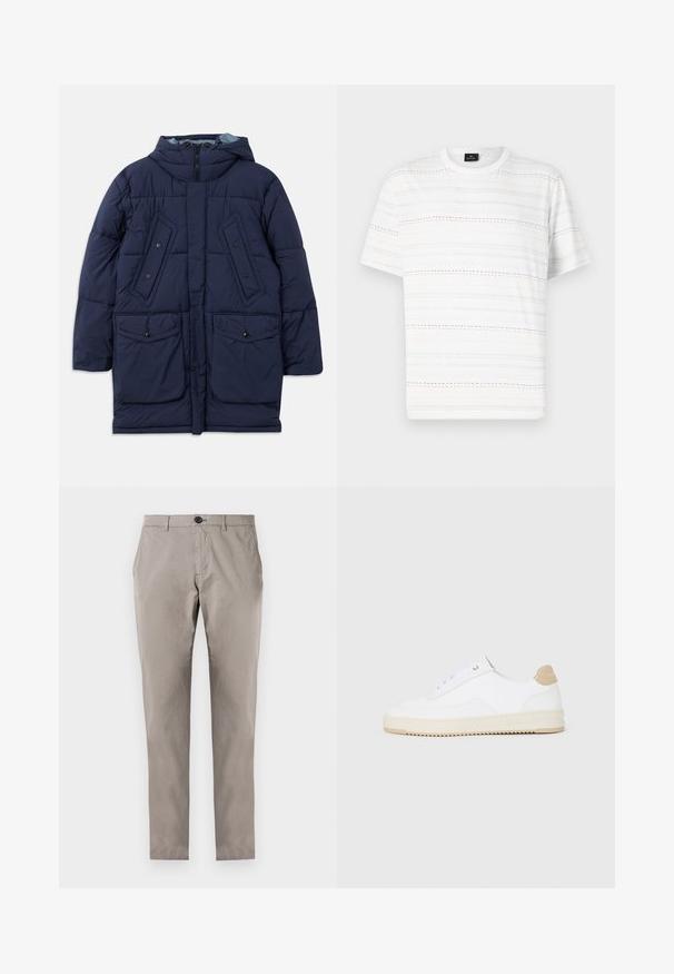 Tumes sinine puffer-jakk kapuutsiga, millel on suured eesmistest taskutest, horisontaalne õmblus ja lukuga sulgemine. Valmistatud kergest sünteetilisest materjalist.; Valge lühikeste varrukatega T-särk, millel on horisontaalsed katkised jooned helesinisest, roosast ja mustast. Klassikaline ümmargune kaelus.; Halli puuvillased püksid sirge lõikega, nupuga kinnitusega, ees olevate taskutega ja sujuva pinnaga. Teisi detaile ega mustreid ei ole.; Valged madala varsaga tennisetooted, mille pealmine on tekstuuriga nahast, kreemja soonikuga tald ja pruuni tooni kand. Omab valgeid paelu ja logodetaile kanna peal.