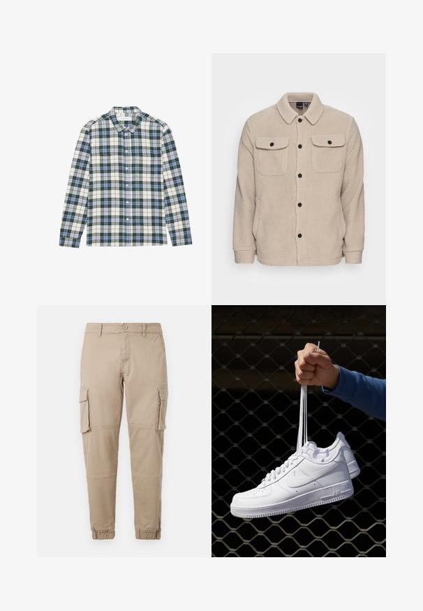 Beige színű polár dzseki, galléros nyakkivágással, gombos záródással, két melltartó zsebbel fedéllel és texturált anyaggal. Fekete gombok emelik ki a tervezést.; Zöld és fehér kockás ing kék részletekkel, gombos gallérral, hosszú ujjal és mellzsebbevéssel. Puha anyagból készült.; Beige színű cargo nadrág könnyű pamut anyagból. Rugalmas mandzsettákkal, több oldalsó zsebbel és gombos záródással rendelkezik.; Fehér bőr sportcipők perforációval, kerek orral, lapos talppal és vastag fűzőkkel, látható swoosh logóval és "AIR" felirattal a sarokrészen.