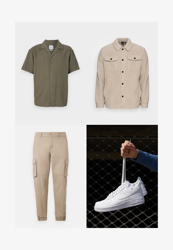 Chaqueta de forro polar beige con cuello camisero, cierre de botones, dos bolsillos en el pecho con solapas y tejido texturizado. Los botones negros acentúan el diseño.; Camisa de manga corta en verde oliva, con un patrón texturizado, cierre de botones en la parte delantera y cuello clásico. Fabricada con una tela suave y transpirable.; Pantalones cargo beige de un material de algodón ligero. Presenta puños elásticos, múltiples bolsillos laterales y un cierre de botón.; Zapatillas de cuero blanco con perforaciones, punta redonda, suela plana y cordones gruesos, con un logo de swoosh visible y "AIR" en el talón.