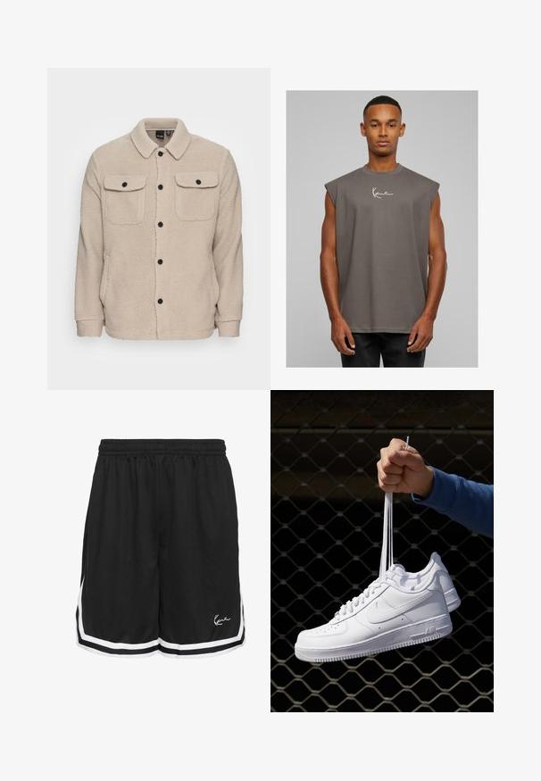 Bežinė fliso striukė su apykakle, mygtukų uždarymu, dviem krūtinės kišenėmis su užpūkų dangteliais ir tekstūruotu audiniu. Juodi mygtukai pabrėžia dizainą.; Pilkas be rankovių marškinėliai su apvaliu iškirpimu, pagaminti iš minkštos medžiagos, su balta parašu ant krūtinės. Paprastas dizainas, laisvas apipavidalinimas.; Juodi sportiniai šortai su elastinga juosta, su baltais šonų juostelėmis ir logotipu apatinėje dešinėje pusėje. Šiek tiek tekstūruota medžiaga.; Balti odiniai sportiniai bateliai su perforacijomis, apvalia nosimi, plokščiu padu ir storomis raištelėmis, su matomu swoosh logotipu ir "AIR" ant kulno.