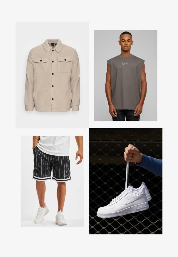Giacca in pile beige con colletto, chiusura a bottoni, due tasche sul petto con pattina e tessuto testurizzato. Bottoni neri accentuano il design.; Canotta grigia senza maniche con scollatura rotonda, realizzata in tessuto morbido, caratterizzata da un logo bianco sul petto. Design semplice, vestibilità rilassata.; Shorts sportivi neri con strisce verticali bianche, dotati di una vita con cordino e rifiniture bianche a contrasto lungo l'orlo e le cuciture laterali.; Sneakers in pelle bianca con perforazioni, punta rotonda, suola piatta e lacci spessi, con logo swoosh visibile e "AIR" sul tallone.