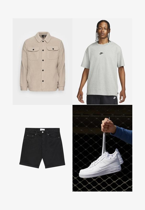 Bežna flis jakna z ovratnikom, gumbom za zapiranje, dvema žepoma na prsih s poklopci in teksturirano tkanino. Črni gumbi poudarjajo obliko.; Mlad človek z zasebnimi lasmi, oblečen v svetlo sivo majico Nike in črne kratke hlače Nike pred enostavno belo kuliso.; Črne jeans kratke hlače klasičnega kroja, z gumbom na zapiranju, petimi žepi in zavitimi robovi. Gladka tekstura z rahlimi vzorčnimi podrobnostmi.; Bela usnjena športna obutev s perforacijami, okroglo konico, ravnim podplatom in debelimi vezalkami, z vidnim logotipom smoosh in napisom "AIR" na peti.