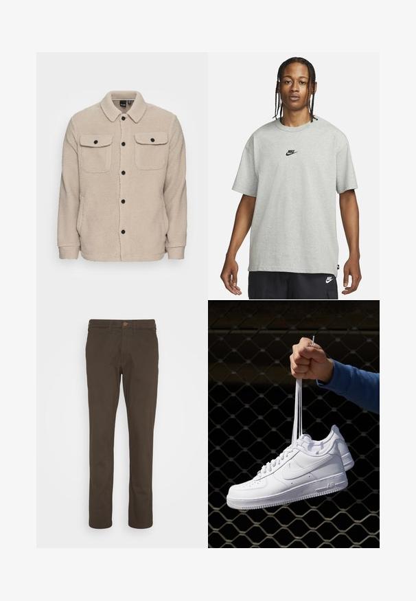 Beige fleecejacka med krage, knäppning, två bröstfickor med klaffar och texturerat tyg. Svarta knappar pryder designen.; Ung person med flätat hår iklädd en ljusgrå Nike T-shirt och svarta Nike-shorts framför en enkel vit bakgrund.; Bruna bomullschinos med rak bendesign, knappstängning fram och fickor. Slät textur, minimal synlig sömnad.; Vita lädersneakers med perforeringar, rund tå, platt sula och tjocka snörning, med en synlig swoosh-logga och "AIR" på hälen.