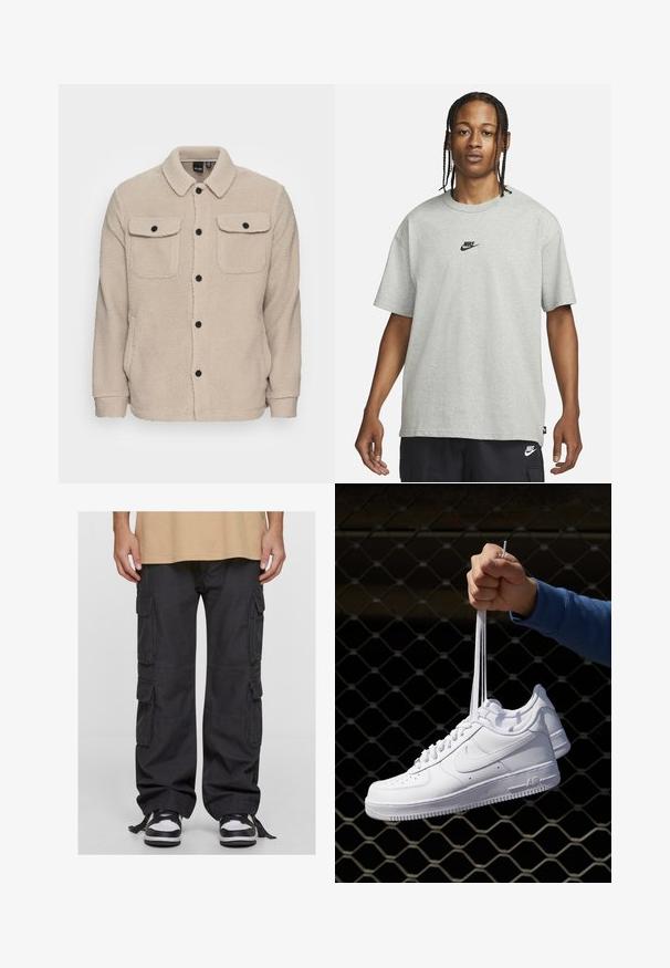 Jachetă din fleece bej cu guler, închidere cu nasturi, două buzunare pe piept cu clapete și țesătură texturată. Nasturi negri accentuează designul.; Tânăr cu părul împletit, îmbrăcat cu un tricou Nike gri deschis și pantaloni scurți Nike negri, pe un fundal alb simplu.; Pantaloni cargo negri din bumbac, cu multiple buzunare laterale, o croială lejeră și ațe ajustabile la glezne. Asortați cu adidași negri și albi.; Adidași albaștri din piele cu perforații, vârf rotund, talpă plată și șireturi groase, cu un logo swoosh vizibil și cu inscripția "AIR" pe toc.