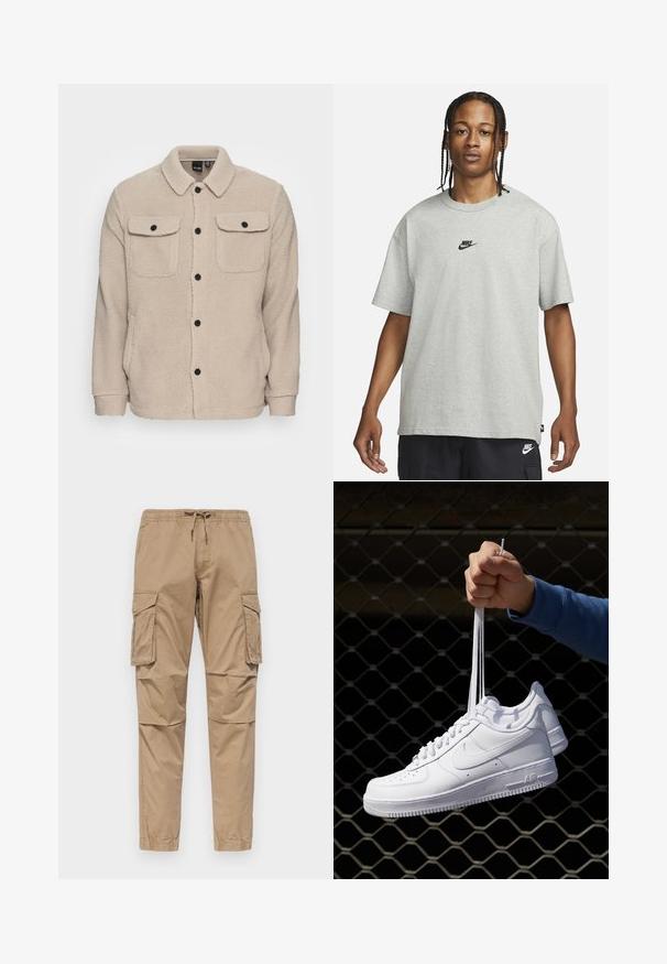 Beige fleecejakke med krave, knaplukning, to brystlommer med klap og tekstureret stof. Sorte knapper fremhæver designet.; Ung person med fletninger iført en lys grå Nike T-shirt og sorte Nike shorts mod en ensfarvet hvid baggrund.; Beige cargo bukser lavet af bomuld, med elastisk talje og snor, sidelommer og tapered ben med afsluttende kanter.; Hvide lædersneakers med perforeringer, rund tå, flad sål og tykke snørebånd, med et synligt swoosh-logo og "AIR" på hælen.