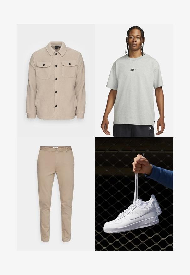 Beige Fleecejacke mit Kragen, Knopfverschluss, zwei Brusttaschen mit Klappen und strukturiertem Stoff. Schwarze Knöpfe setzen Akzente im Design.; Junge Person mit geflochtenem Haar, die ein hellgraues Nike-T-Shirt und schwarze Nike-Shorts trägt, vor einem einfarbigen weißen Hintergrund.; Beige Baumwoll-Chinos mit geradem Bein, ausgestattet mit einem Knopfverschluss, Gürtelschlaufen und seitlichen Taschen. Glatte Textur ohne Muster.; Weiße Leder-Sneaker mit Perforationen, runder Zehenpartie, flacher Sohle und dicken Schnürsenkeln, mit sichtbar eingesticktem Swoosh-Logo und "AIR" an der Ferse.