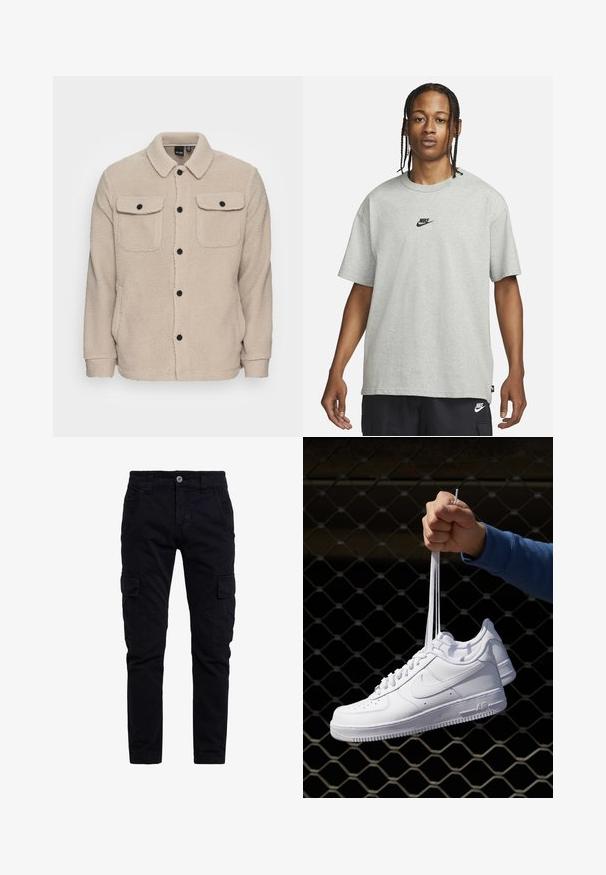 Bežna flis jakna z ovratnikom, gumbom za zapiranje, dvema žepoma na prsih s poklopci in teksturirano tkanino. Črni gumbi poudarjajo obliko.; Mlad človek z zasebnimi lasmi, oblečen v svetlo sivo majico Nike in črne kratke hlače Nike pred enostavno belo kuliso.; Črne bombažne cargo hlače s slim fit krojem, ki imajo stranske žepke in sprednje zapiranje na gumb. Teksturiran, trpežen material z večnamenskim dizajnom.; Bela usnjena športna obutev s perforacijami, okroglo konico, ravnim podplatom in debelimi vezalkami, z vidnim logotipom smoosh in napisom "AIR" na peti.