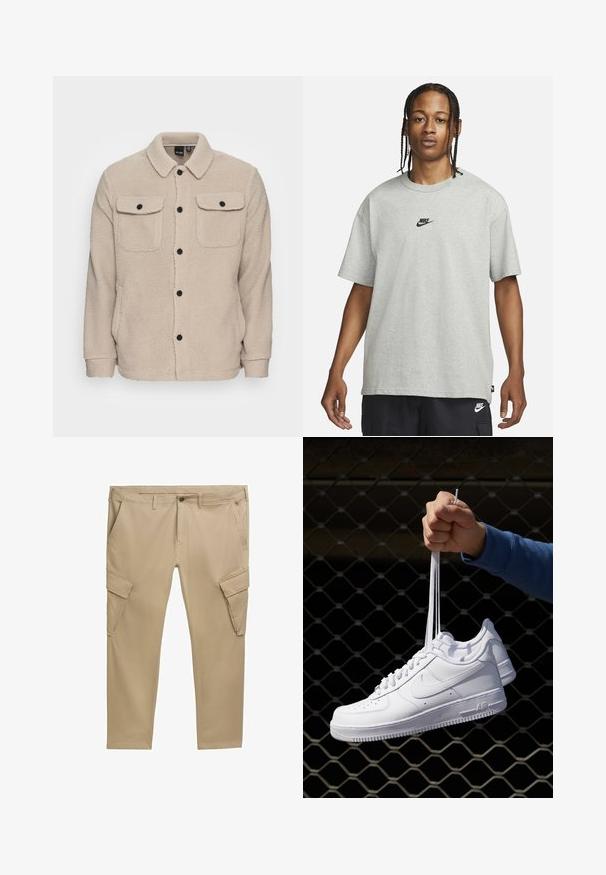 Giacca in pile beige con colletto, chiusura a bottoni, due tasche sul petto con pattina e tessuto testurizzato. Bottoni neri accentuano il design.; Giovane con capelli intrecciati che indossa una maglietta Nike grigia chiara e pantaloni Nike neri su uno sfondo bianco semplice.; Pantaloni cargo beige con molte tasche, zip e passanti per cintura. Realizzati in tessuto di cotone, presentano un design a gamba dritta e cuciture sottili.; Sneakers in pelle bianca con perforazioni, punta rotonda, suola piatta e lacci spessi, con logo swoosh visibile e "AIR" sul tallone.