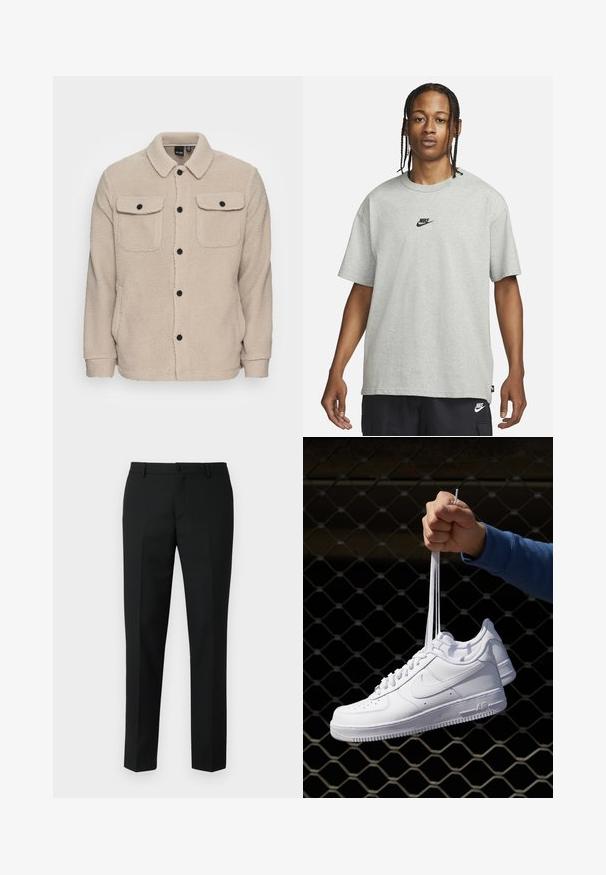 Chaqueta de forro polar beige con cuello camisero, cierre de botones, dos bolsillos en el pecho con solapas y tejido texturizado. Los botones negros acentúan el diseño.; Joven con cabello trenzado que lleva una camiseta Nike gris claro y pantalones cortos Nike negros frente a un fondo blanco liso.; Pantalones negros ajustados hechos de una tela suave, con una cintura bien terminada, bolsillos delanteros y piernas rectas y estrechas.; Zapatillas de cuero blanco con perforaciones, punta redonda, suela plana y cordones gruesos, con un logo de swoosh visible y "AIR" en el talón.