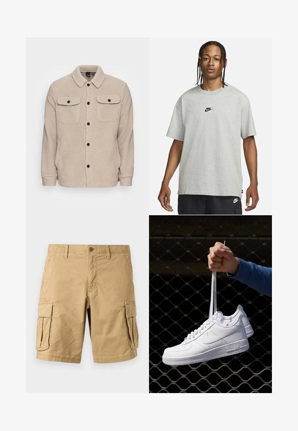 Beige fleece-takki, jossa on kauluksellinen kaula-aukko, nappikiinnitys, kaksi lokeropussia läpillä sekä teksturoitu kangas. Mustat napit korostavat muotoilua.; Nuori henkilö, jolla on letitetyt hiukset, pukeutuneena vaaleanharmaaseen Nike T-paitaan ja mustiin Nike-shorteihin valkoista taustaa vasten.; Beige cargo shorts yang terbuat dari katun ringan, dengan dua kantong samping besar, penutupan kancing, dan sabuk. Tekstur halus.; Valkoiset nahkasneakersit, joissa on rei'ityksiä, pyöreä kärki, tasapohja ja paksut nauhat, joissa on näkyvä swoosh-logo ja "AIR" kantapäässä.