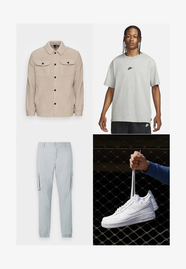 Chaqueta de forro polar beige con cuello camisero, cierre de botones, dos bolsillos en el pecho con solapas y tejido texturizado. Los botones negros acentúan el diseño.; Joven con cabello trenzado que lleva una camiseta Nike gris claro y pantalones cortos Nike negros frente a un fondo blanco liso.; Pantalones cargo gris claro con botón frontal, bolsillos laterales con solapa, costuras en las rodillas y puños elásticos en los tobillos.; Zapatillas de cuero blanco con perforaciones, punta redonda, suela plana y cordones gruesos, con un logo de swoosh visible y "AIR" en el talón.