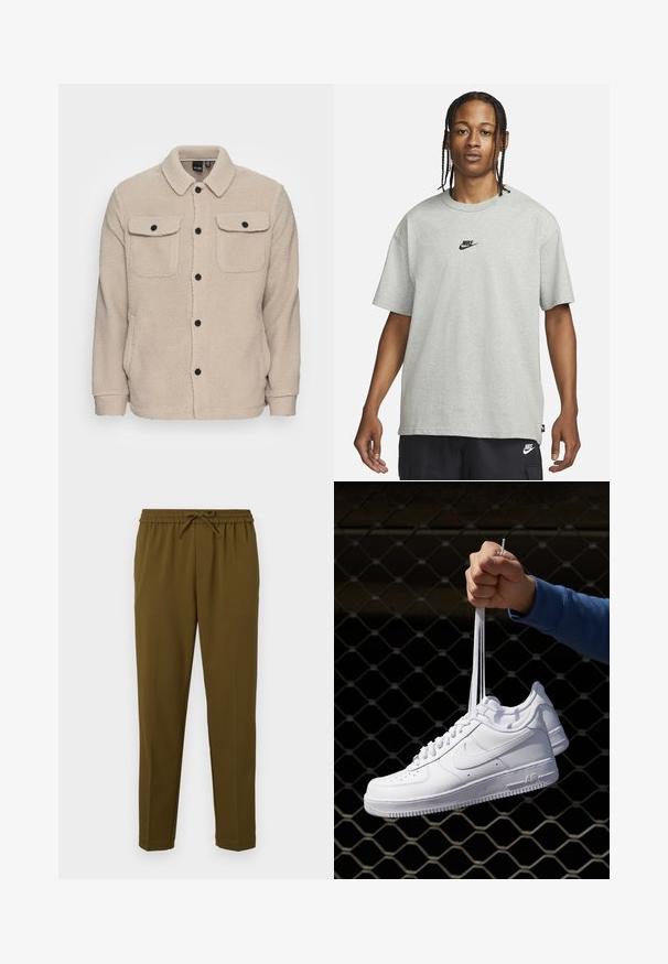 Giacca in pile beige con colletto, chiusura a bottoni, due tasche sul petto con pattina e tessuto testurizzato. Bottoni neri accentuano il design.; Giovane con capelli intrecciati che indossa una maglietta Nike grigia chiara e pantaloni Nike neri su uno sfondo bianco semplice.; Pantaloni leggeri verde olive con cintura elastica e cordino regolabile. Presentano gambe dritti e nessuna tasca. Texture liscia.; Sneakers in pelle bianca con perforazioni, punta rotonda, suola piatta e lacci spessi, con logo swoosh visibile e "AIR" sul tallone.