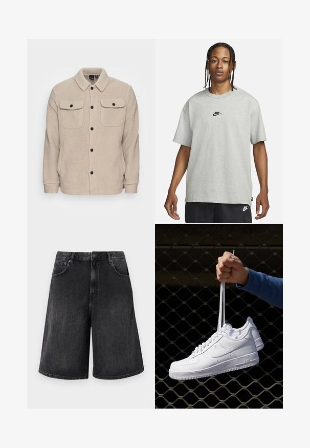 Beež fliisjakker, millel on kraega kaelus, nööbikinnitus, kaks klapiga rinna taskut ja tekstureeritud kanga detail. Mustad nööbid rõhutavad disaini.; Noor, kellel on punutud juuksed, kannab heledat halli Nike T-särki ja musti Nike lühikesi pükse,neutraalset valget tausta vastu.; Mustad teksapüksid laia sirge lõikega, ees nupuga sulgemine ja viis taskut. Pehme tekstuur ja pleekinud viimistlus.; Valged nahast tennisetossud, millel on perforatsioonid, ümar nina, lame tallus ja paksud nöörid, nähtava swooshi logoga ja "AIR" kontsadel.