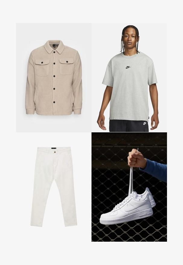 Beige Fleecejacke mit Kragen, Knopfverschluss, zwei Brusttaschen mit Klappen und strukturiertem Stoff. Schwarze Knöpfe setzen Akzente im Design.; Junge Person mit geflochtenem Haar, die ein hellgraues Nike-T-Shirt und schwarze Nike-Shorts trägt, vor einem einfarbigen weißen Hintergrund.; Calliope SLIM  - Chino - bianco; Weiße Leder-Sneaker mit Perforationen, runder Zehenpartie, flacher Sohle und dicken Schnürsenkeln, mit sichtbar eingesticktem Swoosh-Logo und "AIR" an der Ferse.