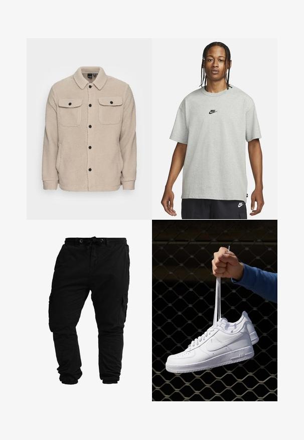 Bežs flīsa jakas ar apkakles izgriezumu, pogu aizdari, divām krūšu kabatām ar atloci un teksturētu audumu. Melnas pogas izceļ dizainu.; Jaunietis ar pītām matēm, kas valkā gaiši pelēku Nike T-kreklu un melnas Nike šortus uz vienkārša balta fona.; Melni kravas bikses, kas izgatavotas no kokvilnas un sintētisko šķiedru maisījuma; tām ir aukla jostasvietā, vairākas sānu kabatas un sašaurināti pārsēji pie potītēm.; Baltas ādas sporta apavi ar perforācijām, apaļu purngali, plakanu zoli un biezām šņorēm, ar redzamu swoosh logo un vārdu "AIR" uz papēža.
