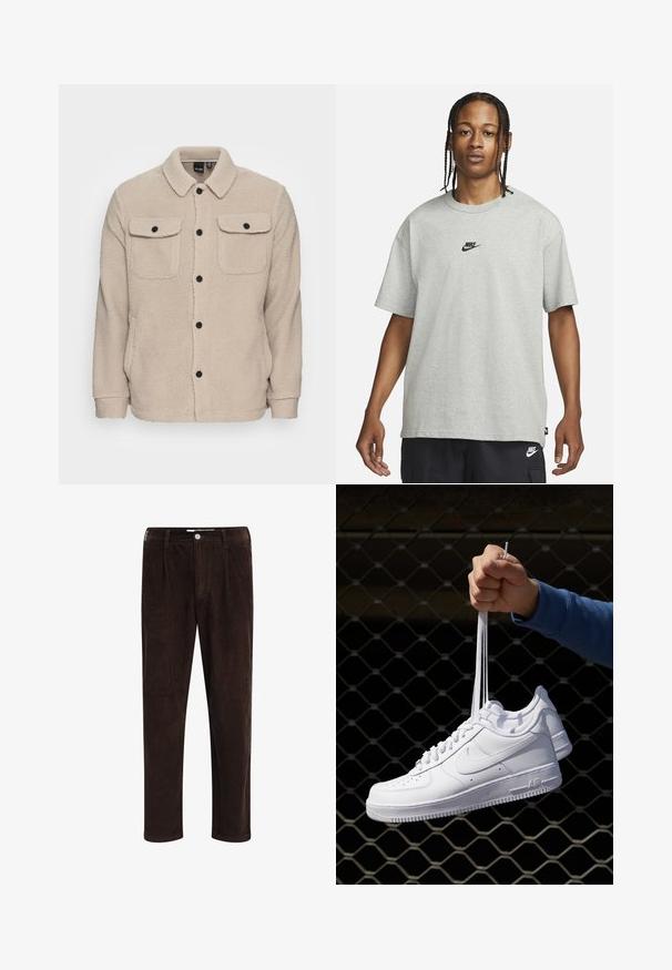 Beige Fleecejacke mit Kragen, Knopfverschluss, zwei Brusttaschen mit Klappen und strukturiertem Stoff. Schwarze Knöpfe setzen Akzente im Design.; Junge Person mit geflochtenem Haar, die ein hellgraues Nike-T-Shirt und schwarze Nike-Shorts trägt, vor einem einfarbigen weißen Hintergrund.; Redefined Rebel JOHN COMFORT FIT - Stoffhose - demitasse; Weiße Leder-Sneaker mit Perforationen, runder Zehenpartie, flacher Sohle und dicken Schnürsenkeln, mit sichtbar eingesticktem Swoosh-Logo und "AIR" an der Ferse.