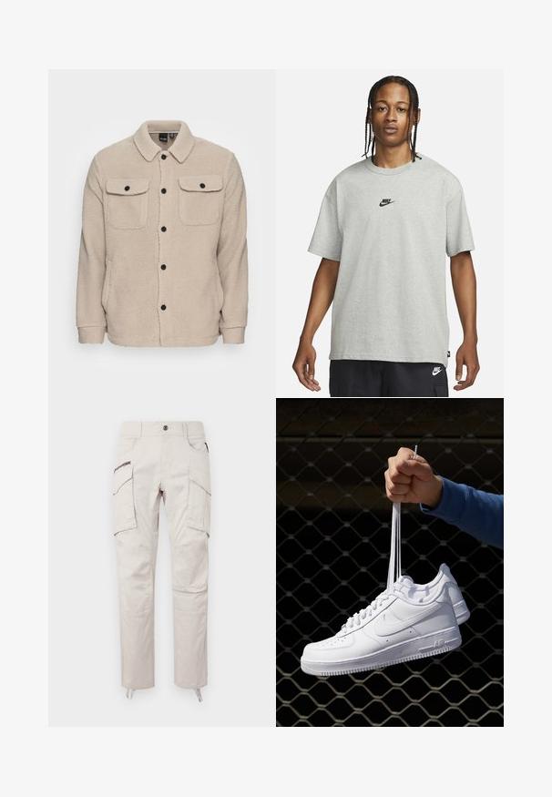 Beige Fleecejacke mit Kragen, Knopfverschluss, zwei Brusttaschen mit Klappen und strukturiertem Stoff. Schwarze Knöpfe setzen Akzente im Design.; Junge Person mit geflochtenem Haar, die ein hellgraues Nike-T-Shirt und schwarze Nike-Shorts trägt, vor einem einfarbigen weißen Hintergrund.; Helle beige Cargo-Hosen aus Baumwolle, mit mehreren Taschen, einer Reißverschluss-Seitentasche und einem geraden Bein-Design mit verstellbaren Säumen.; Weiße Leder-Sneaker mit Perforationen, runder Zehenpartie, flacher Sohle und dicken Schnürsenkeln, mit sichtbar eingesticktem Swoosh-Logo und "AIR" an der Ferse.