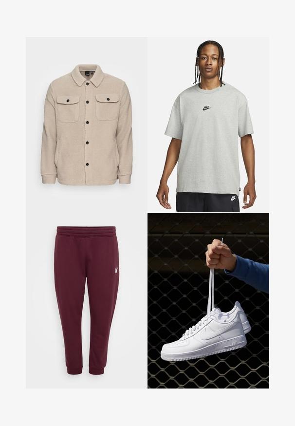 Bežs flīsa jakas ar apkakles izgriezumu, pogu aizdari, divām krūšu kabatām ar atloci un teksturētu audumu. Melnas pogas izceļ dizainu.; Jaunietis ar pītām matēm, kas valkā gaiši pelēku Nike T-kreklu un melnas Nike šortus uz vienkārša balta fona.; Burgundijas sporta bikses, kas izgatavotas no mīksta auduma, ar elastīgu jostu, iestrādātām potītēm un mazu izšūtu logotipu kreisajā augšstilbā.; Baltas ādas sporta apavi ar perforācijām, apaļu purngali, plakanu zoli un biezām šņorēm, ar redzamu swoosh logo un vārdu "AIR" uz papēža.