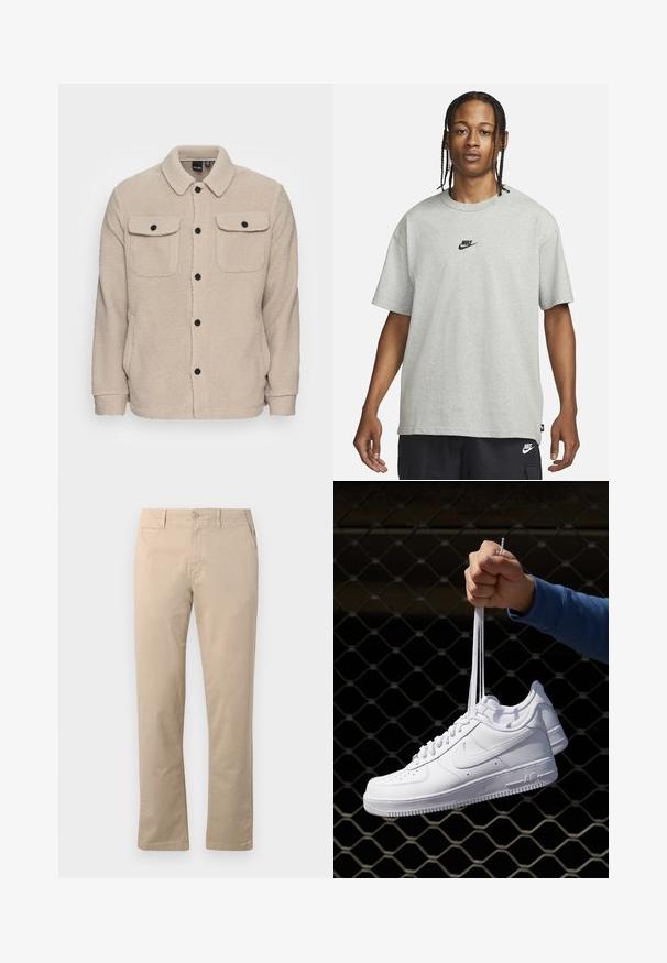 Giacca in pile beige con colletto, chiusura a bottoni, due tasche sul petto con pattina e tessuto testurizzato. Bottoni neri accentuano il design.; Giovane con capelli intrecciati che indossa una maglietta Nike grigia chiara e pantaloni Nike neri su uno sfondo bianco semplice.; Chinos beige in cotone, con design a gamba dritta, chiusura tradizionale con bottone e tasche laterali con cuciture pulite.; Sneakers in pelle bianca con perforazioni, punta rotonda, suola piatta e lacci spessi, con logo swoosh visibile e "AIR" sul tallone.