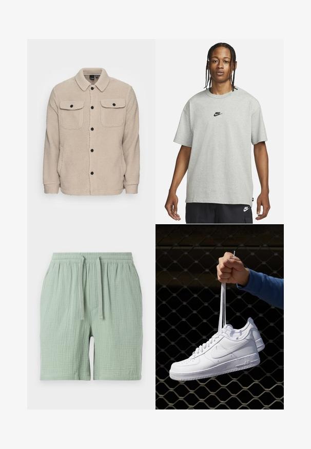 Beige színű polár dzseki, galléros nyakkivágással, gombos záródással, két melltartó zsebbel fedéllel és texturált anyaggal. Fekete gombok emelik ki a tervezést.; Fiatal, fonott hajú személy világosszürke Nike pólót és fekete Nike rövidnadrágot visel, egy sima fehér háttér előtt.; Világoszöld pamut rövidnadrág, rugalmas derékkal és zsinórral. Texturált, enyhén gyűrött anyag, oldalsó zsebbel.; Fehér bőr sportcipők perforációval, kerek orral, lapos talppal és vastag fűzőkkel, látható swoosh logóval és "AIR" felirattal a sarokrészen.