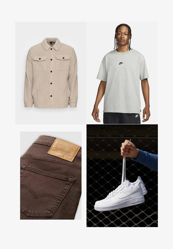 Beżowa polarowa kurtka z kołnierzykiem, zapięciem na guziki, dwiema kieszeniami na piersi z klapkami oraz teksturowanym materiałem. Czarny guziki podkreślają design.; Młoda osoba z warkoczami, ubrana w jasnoszary t-shirt Nike i czarne spodenki Nike, na jednolitym białym tle.; Brązowe dżinsy z denimu z skórzaną naszywką z wytłoczonym tekstem, tylną kieszenią z charakterystycznym wzorem przeszycia oraz gładką fakturą.; Białe skórzane sneakersy z perforacjami, okrągłym noskiem, płaską podeszwą i grubymi sznurówkami, z widocznym logo swoosh i napisem „AIR” na pięcie.