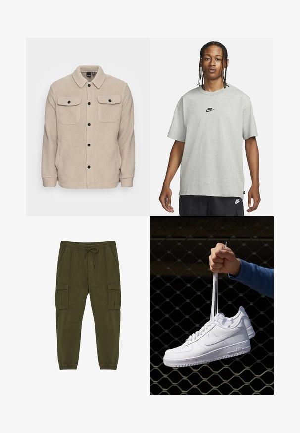 Beige Fleecejacke mit Kragen, Knopfverschluss, zwei Brusttaschen mit Klappen und strukturiertem Stoff. Schwarze Knöpfe setzen Akzente im Design.; Junge Person mit geflochtenem Haar, die ein hellgraues Nike-T-Shirt und schwarze Nike-Shorts trägt, vor einem einfarbigen weißen Hintergrund.; Olivgrüne Cargo-Hosen aus Baumwolle, mit einem elastischen Bund, Kordelzug und zwei seitlichen Cargo-Taschen mit elastischen Bündchen.; Weiße Leder-Sneaker mit Perforationen, runder Zehenpartie, flacher Sohle und dicken Schnürsenkeln, mit sichtbar eingesticktem Swoosh-Logo und "AIR" an der Ferse.