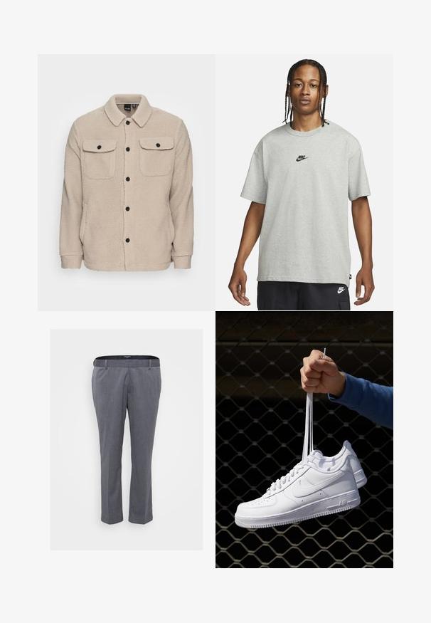 Beige fleecejakke med krave, knaplukning, to brystlommer med klap og tekstureret stof. Sorte knapper fremhæver designet.; Ung person med fletninger iført en lys grå Nike T-shirt og sorte Nike shorts mod en ensfarvet hvid baggrund.; Grå skrædderbukser med lige ben-design, lavet af tekstureret stof. Har bæltestropper og lynlåslukning.; Hvide lædersneakers med perforeringer, rund tå, flad sål og tykke snørebånd, med et synligt swoosh-logo og "AIR" på hælen.