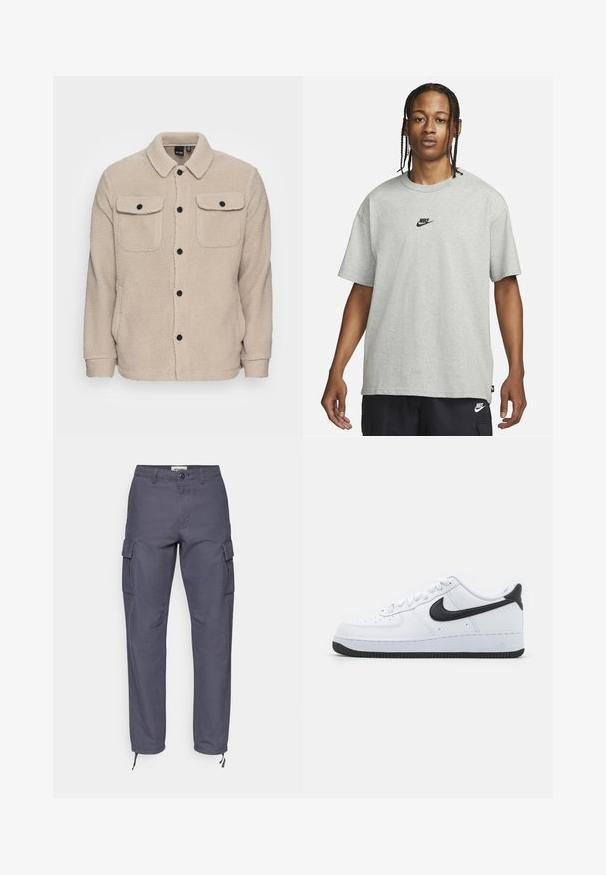Veste en polaire beige avec un col, une fermeture à boutons, deux poches poitrine à rabat et un tissu texturé. Des boutons noirs viennent accentuer le design.; Jeune personne avec des cheveux tressés portant un t-shirt Nike gris clair et un short Nike noir sur un fond blanc uni.; Pantalons cargo en coton gris foncé. Comprend des poches latérales, une fermeture à bouton et des ourlets ajustables avec des liens. Design à jambe droite avec une texture sans couture.; Baskets en cuir blanc avec le Swoosh Nike noir, design à bout rond, fermeture à lacets à l'avant, semelle en caoutchouc noir texturé, et "Air" embossé sur le talon.