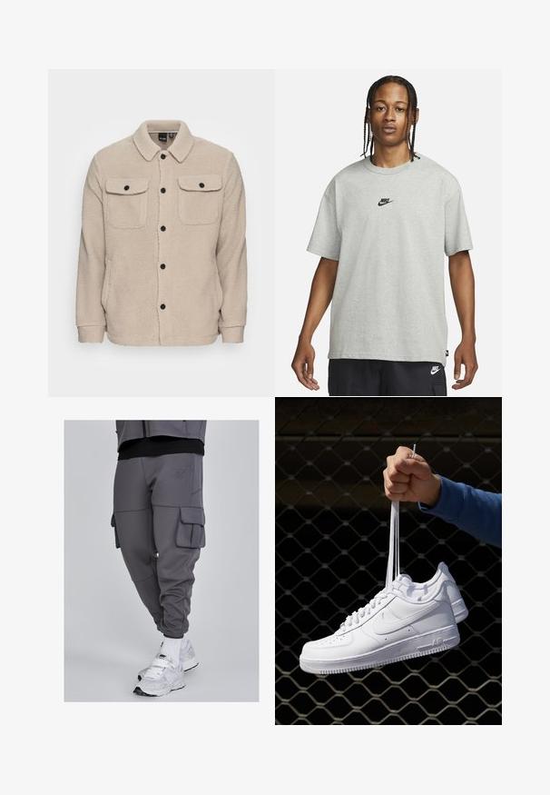 Beige fleecejack met een kraag, knoopsluiting, twee borstzakken met flappen en textiel met textuur. Zwarte knopen accentueren het ontwerp.; Jong persoon met gevlochten haar, gekleed in een lichtgrijs Nike T-shirt en zwarte Nike shorts tegen een effen witte achtergrond.; SIKSILK Cargobroek - grey; Witte leren sneakers met perforaties, ronde neus, vlakke zool en dikke veters, met een zichtbare swoosh-logo en "AIR" op de hiel.