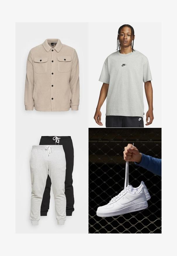 Beżowa polarowa kurtka z kołnierzykiem, zapięciem na guziki, dwiema kieszeniami na piersi z klapkami oraz teksturowanym materiałem. Czarny guziki podkreślają design.; Młoda osoba z warkoczami, ubrana w jasnoszary t-shirt Nike i czarne spodenki Nike, na jednolitym białym tle.; Dwie pary spodni dresowych w kolorze szarym i czarnym z mieszanki bawełny. Posiadają wiązanie w pasie i elastyczne mankiety. Gładka tekstura, casualowy design.; Białe skórzane sneakersy z perforacjami, okrągłym noskiem, płaską podeszwą i grubymi sznurówkami, z widocznym logo swoosh i napisem „AIR” na pięcie.