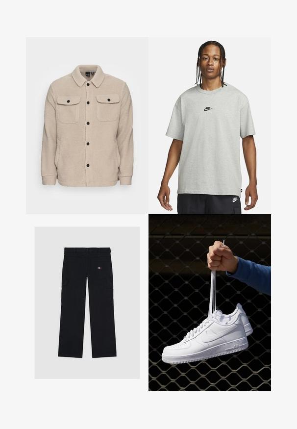Bežinė fliso striukė su apykakle, mygtukų uždarymu, dviem krūtinės kišenėmis su užpūkų dangteliais ir tekstūruotu audiniu. Juodi mygtukai pabrėžia dizainą.; Jaunas žmogus su pintomis plaukomis, vilkintis šviesiai pilką Nike marškinėlį ir juodus Nike šortus, priešais vientisą baltą foną.; Juodos medvilninės kargo kelnės, turinčios kelias kišenes, lygią tekstūrą ir logotipų išsiuvinėjimą ant dešinės galinės kišenės.; Balti odiniai sportiniai bateliai su perforacijomis, apvalia nosimi, plokščiu padu ir storomis raištelėmis, su matomu swoosh logotipu ir "AIR" ant kulno.