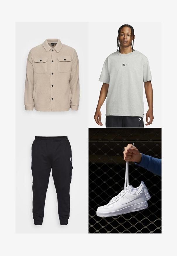 Beige színű polár dzseki, galléros nyakkivágással, gombos záródással, két melltartó zsebbel fedéllel és texturált anyaggal. Fekete gombok emelik ki a tervezést.; Fiatal, fonott hajú személy világosszürke Nike pólót és fekete Nike rövidnadrágot visel, egy sima fehér háttér előtt.; SIKSILK EXTENDED - Oldalzsebes nadrágok - black; Fehér bőr sportcipők perforációval, kerek orral, lapos talppal és vastag fűzőkkel, látható swoosh logóval és "AIR" felirattal a sarokrészen.