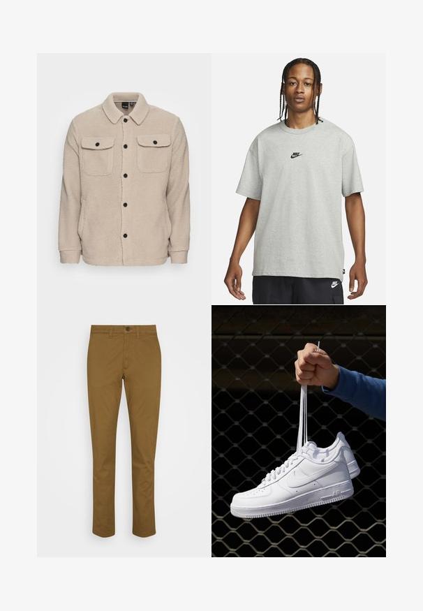 Beige fleece jacket featuring a collared neckline, button closure, two chest pockets with flaps, and textured fabric. Black buttons accent the design.; Young person with braided hair wearing a light gray Nike T-shirt and black Nike shorts against a plain white background.; Brown chinos made of cotton, featuring a straight-leg design, button closure, and front pockets. Smooth texture with minimal detailing.; White leather sneakers with perforations, round toe, flat sole, and thick laces, featuring a visible swoosh logo and "AIR" on the heel.