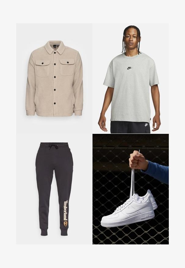 Casaco de polar bege com gola, fecho de botão, dois bolsos no peito com abas e tecido texturizado. Botões pretos acentuam o design.; Pessoa jovem com cabelo trançado a usar uma camiseta Nike cinza claro e calções Nike pretos em fundo branco liso.; Calças de treino pretas feitas de um tecido suave, com uma cintura elástica com cordão, pernas ajustadas e um logótipo impresso "Timberland" em bege claro.; Sapatilhas de couro branco com perfurações, biqueira redonda, sola plana e atacadores grossos, apresentando um logotipo swoosh visível e "AIR" no calcanhar.