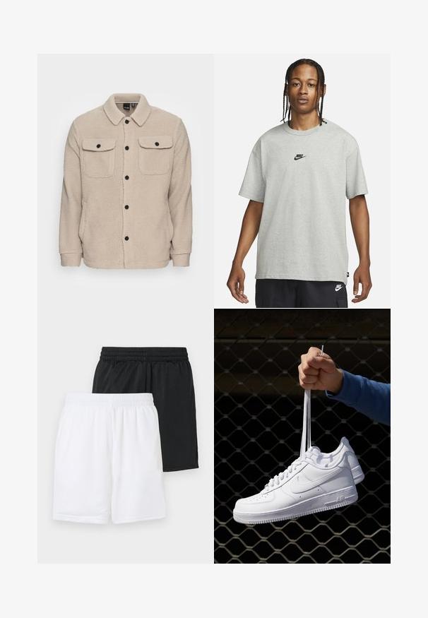 Chaqueta de forro polar beige con cuello camisero, cierre de botones, dos bolsillos en el pecho con solapas y tejido texturizado. Los botones negros acentúan el diseño.; Joven con cabello trenzado que lleva una camiseta Nike gris claro y pantalones cortos Nike negros frente a un fondo blanco liso.; Dos pares de pantalones cortos deportivos: uno negro y uno blanco. Ambos presentan una cintura elástica y una textura de malla transpirable.; Zapatillas de cuero blanco con perforaciones, punta redonda, suela plana y cordones gruesos, con un logo de swoosh visible y "AIR" en el talón.
