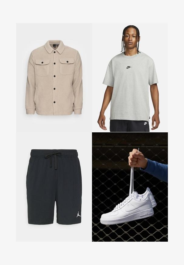 Bežna flis jakna z ovratnikom, gumbom za zapiranje, dvema žepoma na prsih s poklopci in teksturirano tkanino. Črni gumbi poudarjajo obliko.; Mlad človek z zasebnimi lasmi, oblečen v svetlo sivo majico Nike in črne kratke hlače Nike pred enostavno belo kuliso.; Črne atletske kratke hlače iz perforiranega materiala z elastičnim pasom in vrvico. Na spodnji levi strani ima bel logo.; Bela usnjena športna obutev s perforacijami, okroglo konico, ravnim podplatom in debelimi vezalkami, z vidnim logotipom smoosh in napisom "AIR" na peti.