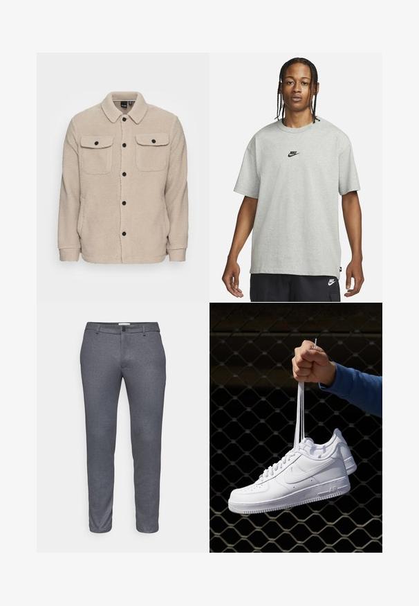 Beige Fleecejacke mit Kragen, Knopfverschluss, zwei Brusttaschen mit Klappen und strukturiertem Stoff. Schwarze Knöpfe setzen Akzente im Design.; Junge Person mit geflochtenem Haar, die ein hellgraues Nike-T-Shirt und schwarze Nike-Shorts trägt, vor einem einfarbigen weißen Hintergrund.; DRYKORN AJEND - Anzughose - grey; Weiße Leder-Sneaker mit Perforationen, runder Zehenpartie, flacher Sohle und dicken Schnürsenkeln, mit sichtbar eingesticktem Swoosh-Logo und "AIR" an der Ferse.