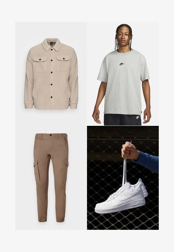 Beige Fleecejacke mit Kragen, Knopfverschluss, zwei Brusttaschen mit Klappen und strukturiertem Stoff. Schwarze Knöpfe setzen Akzente im Design.; Junge Person mit geflochtenem Haar, die ein hellgraues Nike-T-Shirt und schwarze Nike-Shorts trägt, vor einem einfarbigen weißen Hintergrund.; Hellbraune Cargo-Hosen mit elastischen Bündchen, mehreren Seitentaschen und taillierter Passform, gefertigt aus einem glatten, strapazierfähigen Material.; Weiße Leder-Sneaker mit Perforationen, runder Zehenpartie, flacher Sohle und dicken Schnürsenkeln, mit sichtbar eingesticktem Swoosh-Logo und "AIR" an der Ferse.