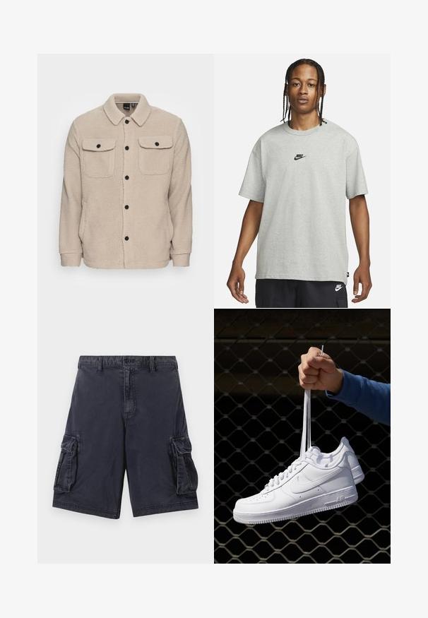 Μπεζ φλις ζακέτα με γιακά, κλείσιμο με κουμπιά, δύο θησαυρούς στο στήθος με καπάκια και υφή υφάσματος. Μαύρα κουμπιά τονίζουν το σχέδιο.; Νεαρό άτομο με πλεξούδες, ντυμένο με ένα ανοιχτό γκρι T-shirt της Nike και μαύρες σορτς της Nike, μπροστά σε απλό λευκό φόντο.; Ναυτικές cargo βερμούδες φτιαγμένες από ανθεκτικό ύφασμα, με δύο πλαϊνές τσέπες, μπροστινό κλείσιμο με κουμπί και ραμμένες λεπτομέρειες κατά μήκος των ραφών.; Λευκά δερμάτινα αθλητικά παπούτσια με διάτρητο σχέδιο, στρογγυλή μύτη, επίπεδη σόλα και χοντρές κορδόνες, με εμφάνιση του λογότυπου swoosh και την ένδειξη "AIR" στη φτέρνα.