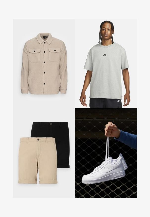 Bežs flīsa jakas ar apkakles izgriezumu, pogu aizdari, divām krūšu kabatām ar atloci un teksturētu audumu. Melnas pogas izceļ dizainu.; Jaunietis ar pītām matēm, kas valkā gaiši pelēku Nike T-kreklu un melnas Nike šortus uz vienkārša balta fona.; Divas divas sarullētas šortus: vieni bēši un otrie melni, izgatavoti no gludas auduma, ar priekšējo pogu un klasisku dizainu.; Baltas ādas sporta apavi ar perforācijām, apaļu purngali, plakanu zoli un biezām šņorēm, ar redzamu swoosh logo un vārdu "AIR" uz papēža.