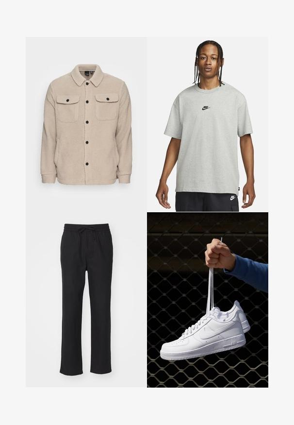 Beżowa polarowa kurtka z kołnierzykiem, zapięciem na guziki, dwiema kieszeniami na piersi z klapkami oraz teksturowanym materiałem. Czarny guziki podkreślają design.; Młoda osoba z warkoczami, ubrana w jasnoszary t-shirt Nike i czarne spodenki Nike, na jednolitym białym tle.; Czarne, proste spodnie wykonane z miękkiej tkaniny, z elastycznym pasem i regulowanym sznurkiem. Bez kieszeni ani widocznych wzorów.; Białe skórzane sneakersy z perforacjami, okrągłym noskiem, płaską podeszwą i grubymi sznurówkami, z widocznym logo swoosh i napisem „AIR” na pięcie.