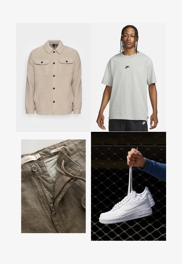 Giacca in pile beige con colletto, chiusura a bottoni, due tasche sul petto con pattina e tessuto testurizzato. Bottoni neri accentuano il design.; Giovane con capelli intrecciati che indossa una maglietta Nike grigia chiara e pantaloni Nike neri su uno sfondo bianco semplice.; Pantaloni in lino marroni con zip frontale, chiusura con bottone e fodera interna a righe. Include dettagli di cucitura e etichette.; Sneakers in pelle bianca con perforazioni, punta rotonda, suola piatta e lacci spessi, con logo swoosh visibile e "AIR" sul tallone.
