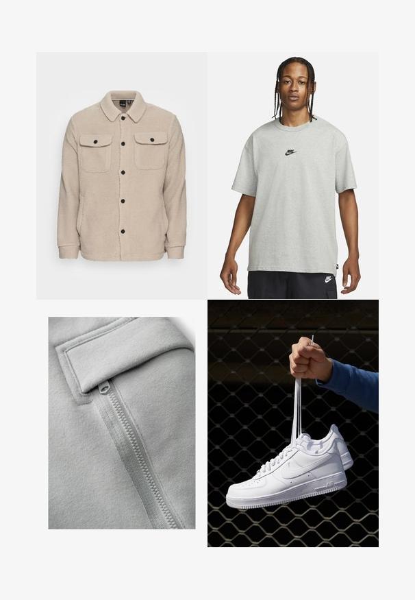 Bežs flīsa jakas ar apkakles izgriezumu, pogu aizdari, divām krūšu kabatām ar atloci un teksturētu audumu. Melnas pogas izceļ dizainu.; Jaunietis ar pītām matēm, kas valkā gaiši pelēku Nike T-kreklu un melnas Nike šortus uz vienkārša balta fona.; Next UTILITY JOGGERS- REGULAR FIT - Armijas stila bikses - light grey; Baltas ādas sporta apavi ar perforācijām, apaļu purngali, plakanu zoli un biezām šņorēm, ar redzamu swoosh logo un vārdu "AIR" uz papēža.