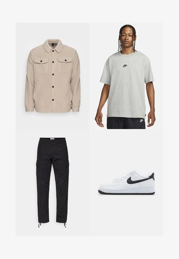 Beige fleecejack met een kraag, knoopsluiting, twee borstzakken met flappen en textiel met textuur. Zwarte knopen accentueren het ontwerp.; Jong persoon met gevlochten haar, gekleed in een lichtgrijs Nike T-shirt en zwarte Nike shorts tegen een effen witte achtergrond.; Zwarte cargobroek van stevige stof, met zijzakken, een slim fit en verstelbare manchetten bij de enkels.; Witte leren sneakers met een zwart Nike Swoosh, rond toel ontwerp, vetersluiting aan de voorkant, textuur van zwart rubberen zool en "Air" embossed op de hiel.