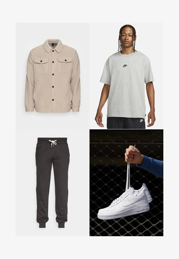 Beige Fleecejacke mit Kragen, Knopfverschluss, zwei Brusttaschen mit Klappen und strukturiertem Stoff. Schwarze Knöpfe setzen Akzente im Design.; Junge Person mit geflochtenem Haar, die ein hellgraues Nike-T-Shirt und schwarze Nike-Shorts trägt, vor einem einfarbigen weißen Hintergrund.; Schwarze Jogginghosen aus weichem Stoff, mit einem Kordelzugbund, seitlichen Taschen und eng anliegenden Bündchen an den Knöcheln.; Weiße Leder-Sneaker mit Perforationen, runder Zehenpartie, flacher Sohle und dicken Schnürsenkeln, mit sichtbar eingesticktem Swoosh-Logo und "AIR" an der Ferse.