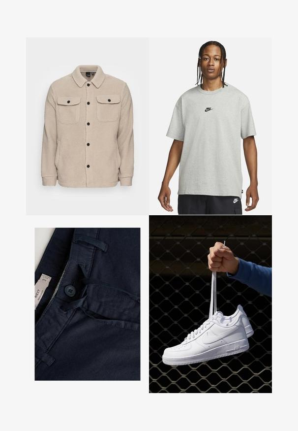 Beež fliisjakker, millel on kraega kaelus, nööbikinnitus, kaks klapiga rinna taskut ja tekstureeritud kanga detail. Mustad nööbid rõhutavad disaini.; Noor, kellel on punutud juuksed, kannab heledat halli Nike T-särki ja musti Nike lühikesi pükse,neutraalset valget tausta vastu.; Tume sinised püksid sileda tekstuuriga, nupuga kinnitamine, paelad ja sildiga. Õmblustega accents vöökoht detailil.; Valged nahast tennisetossud, millel on perforatsioonid, ümar nina, lame tallus ja paksud nöörid, nähtava swooshi logoga ja "AIR" kontsadel.