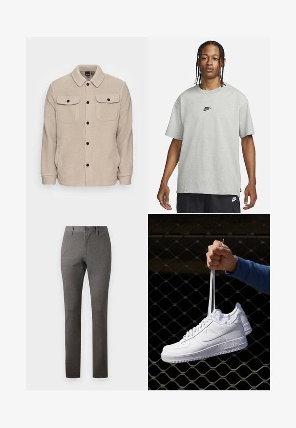 Beige Fleecejacke mit Kragen, Knopfverschluss, zwei Brusttaschen mit Klappen und strukturiertem Stoff. Schwarze Knöpfe setzen Akzente im Design.; Junge Person mit geflochtenem Haar, die ein hellgraues Nike-T-Shirt und schwarze Nike-Shorts trägt, vor einem einfarbigen weißen Hintergrund.; Graue Hose aus strukturiertem Stoff, mit geradem Schnitt, frontalen Taschen und einem einzigen Knopfverschluss an der Taille.; Weiße Leder-Sneaker mit Perforationen, runder Zehenpartie, flacher Sohle und dicken Schnürsenkeln, mit sichtbar eingesticktem Swoosh-Logo und "AIR" an der Ferse.
